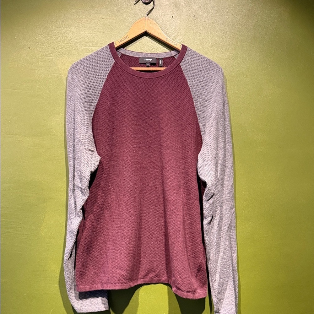 Theory Men's Maroon and Light Gray Crewneck Sweater